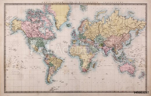 Picture of Old Antique World Map on Mercators Projection